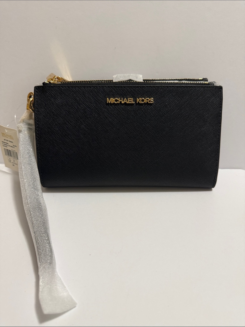 Michael Kors Black and Gold Saffiano Zip Wallet